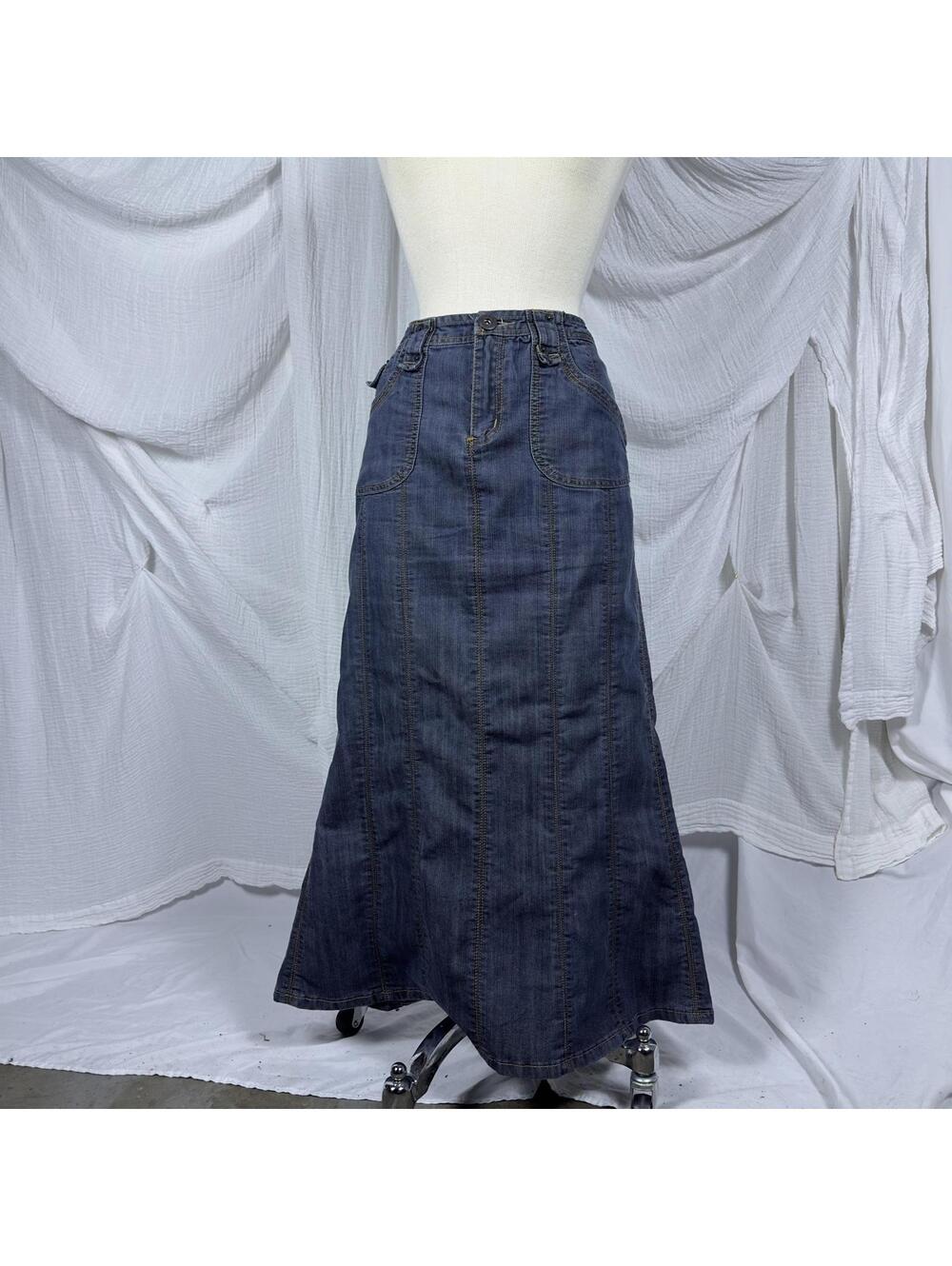 Vintage Y2K Denim Dark Blue Long A-Line Maxi Skirt (10)